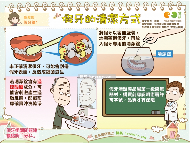 假牙,假牙清潔,假牙保養,健康圖文,健康漫畫,漫漫健康,Dentures, denture cleaners, denture maintenance,健談,健談網,havemary