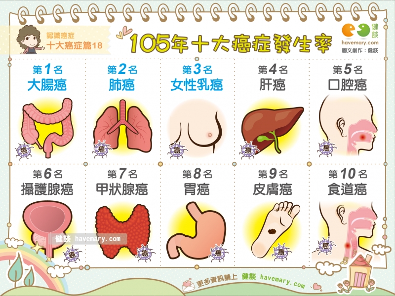 十大癌症,惡性腫瘤,十大癌症發生率,105年癌症登記報告,健康圖文,健康漫畫,漫漫健康,圖解健康,Top ten cancers, malignant tumors,健談,健談網,havemary